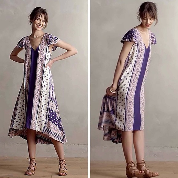 Anthropologie MAEVE Summertide Swing Dress Navy Blue Pink Boho Midi Size L - Picture 1 of 11